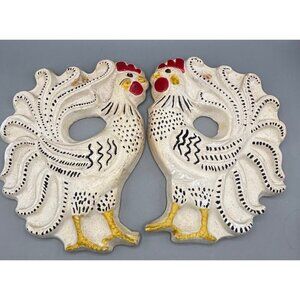 Vtg Pair Hand Painted Plaster Rooster Wall Decor Set Farmhouse Style 9"